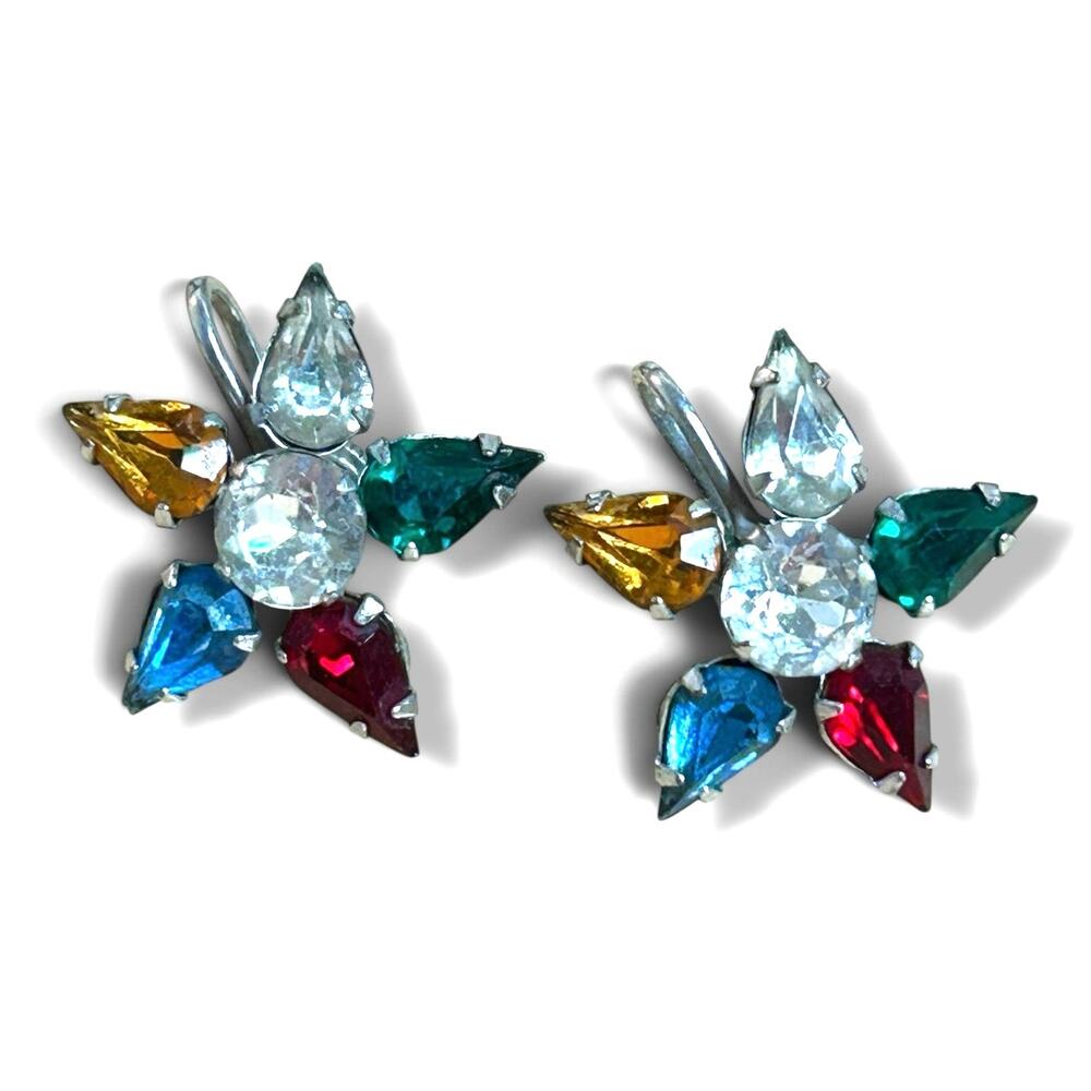 Vintage Colorful Rhinestone Star Earrings Screw Back Mid Century Starburst